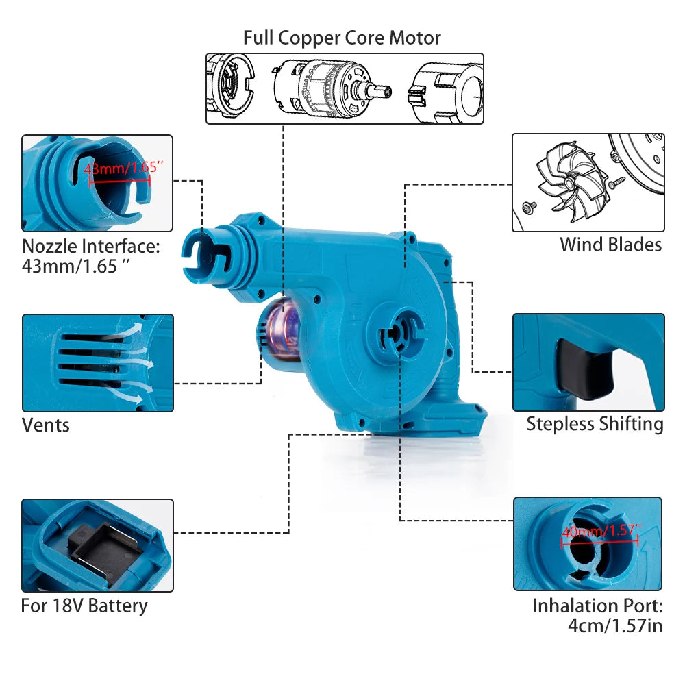 18V Blower Hair Dryer And Vacuum Cleaner Rechargeable Hair Dryer Cordless Electric Leaf Blower For Lawn Care For Makita 2.0Ah