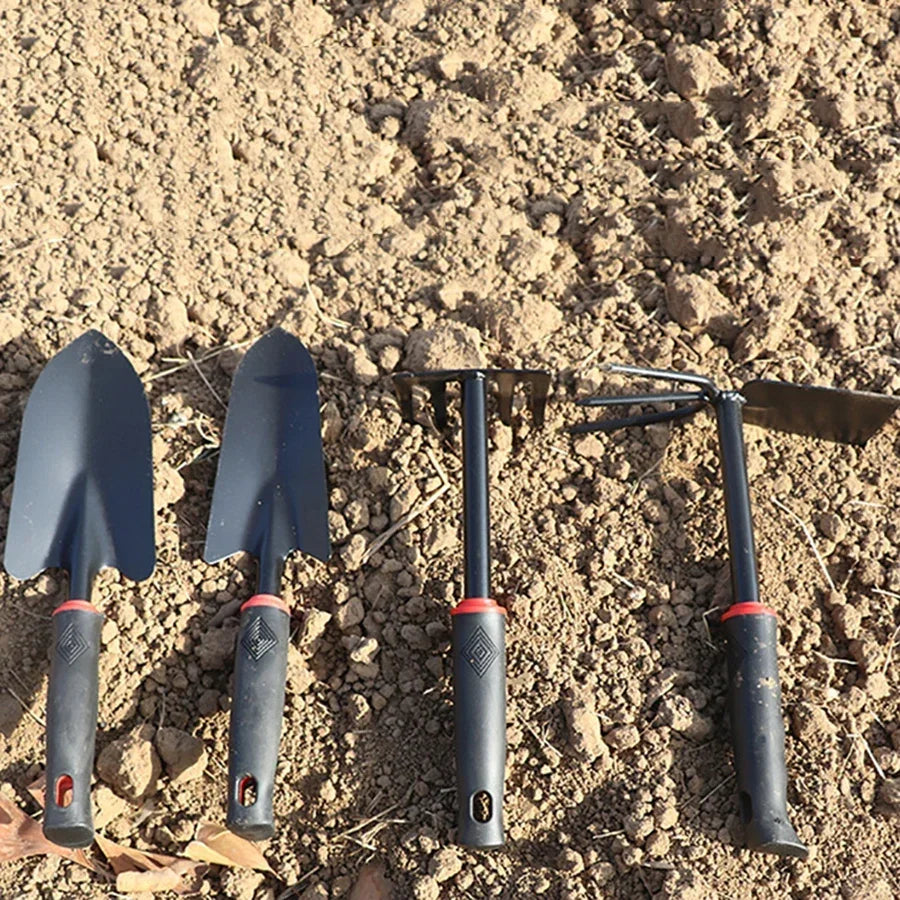 Black Rubber Handle Five Tooth Rake Gardening Four Piece Set Flower Shovel Dual-Purpose Hoe Gardening Tool