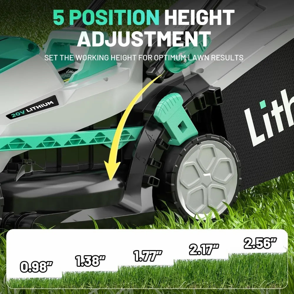 Litheli Cordless 13 Inch Cordless Lawn Mower 5 Heights, 20V Electric Push Lawnmower for Garden, Yard and Farm, with Brushless Mo