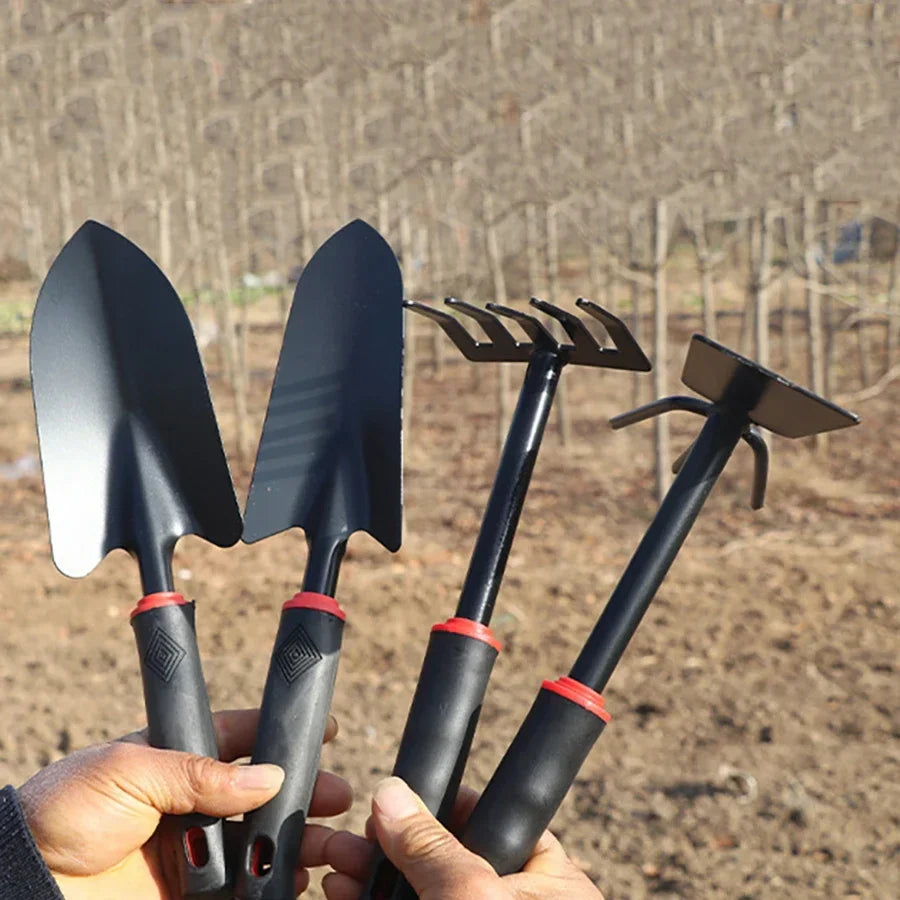 Black Rubber Handle Five Tooth Rake Gardening Four Piece Set Flower Shovel Dual-Purpose Hoe Gardening Tool
