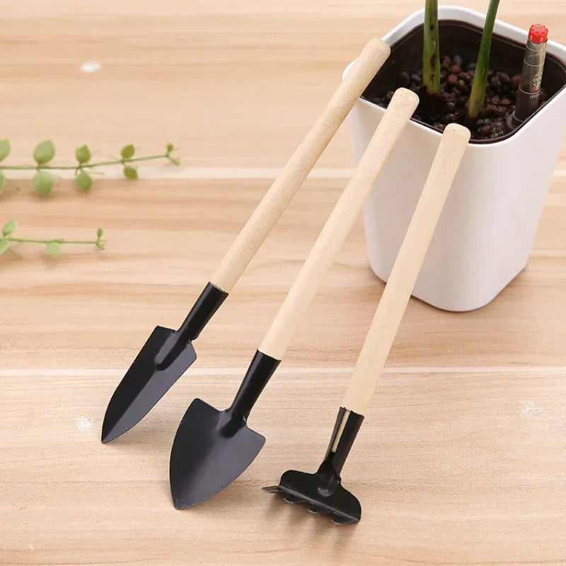 3 Pcs/set Mini Spade Shovel Harrow Flowerpot Tool Potted Plants Maintenance Wooden Handle Rake Plant Soil Shovels Gardening Tool