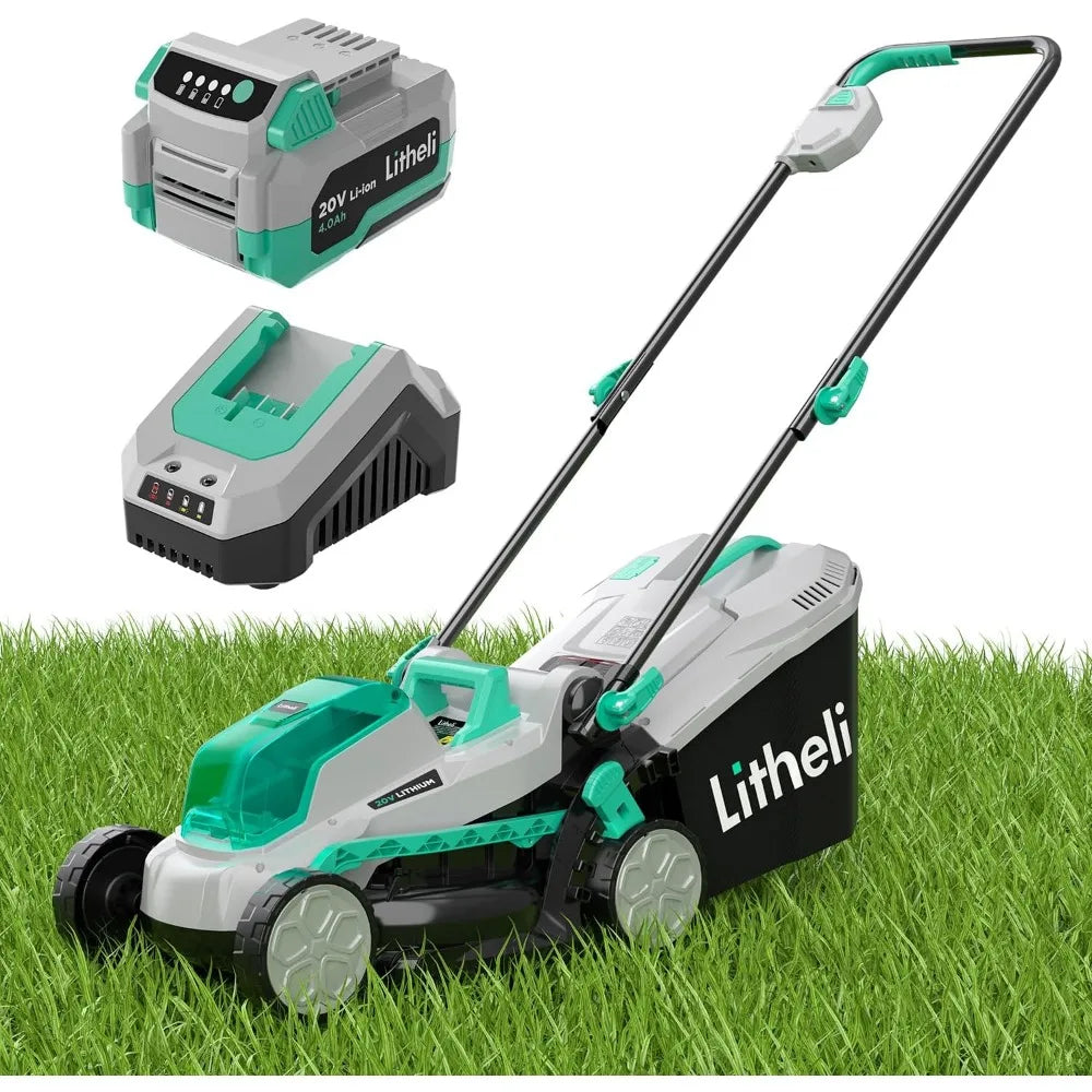 Litheli Cordless 13 Inch Cordless Lawn Mower 5 Heights, 20V Electric Push Lawnmower for Garden, Yard and Farm, with Brushless Mo
