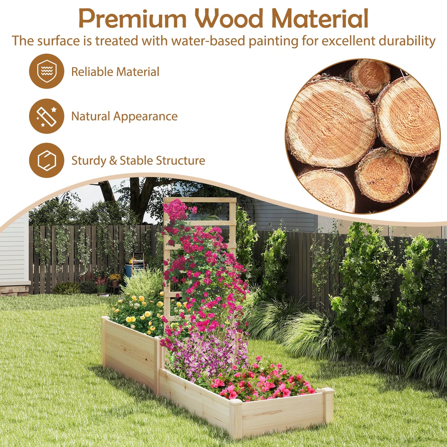87" Raised Garden Bed w/ Trellis 2 Planter Boxes Open-ended Base for Patio