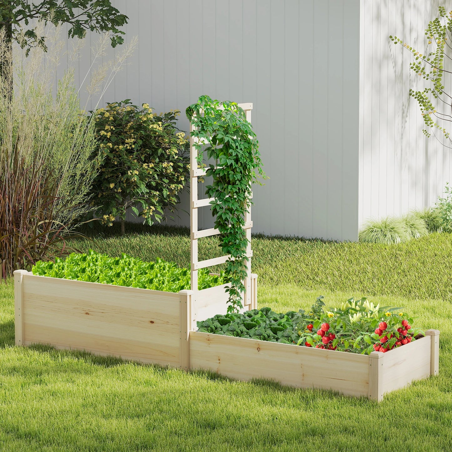 87" Raised Garden Bed w/ Trellis 2 Planter Boxes Open-ended Base for Patio