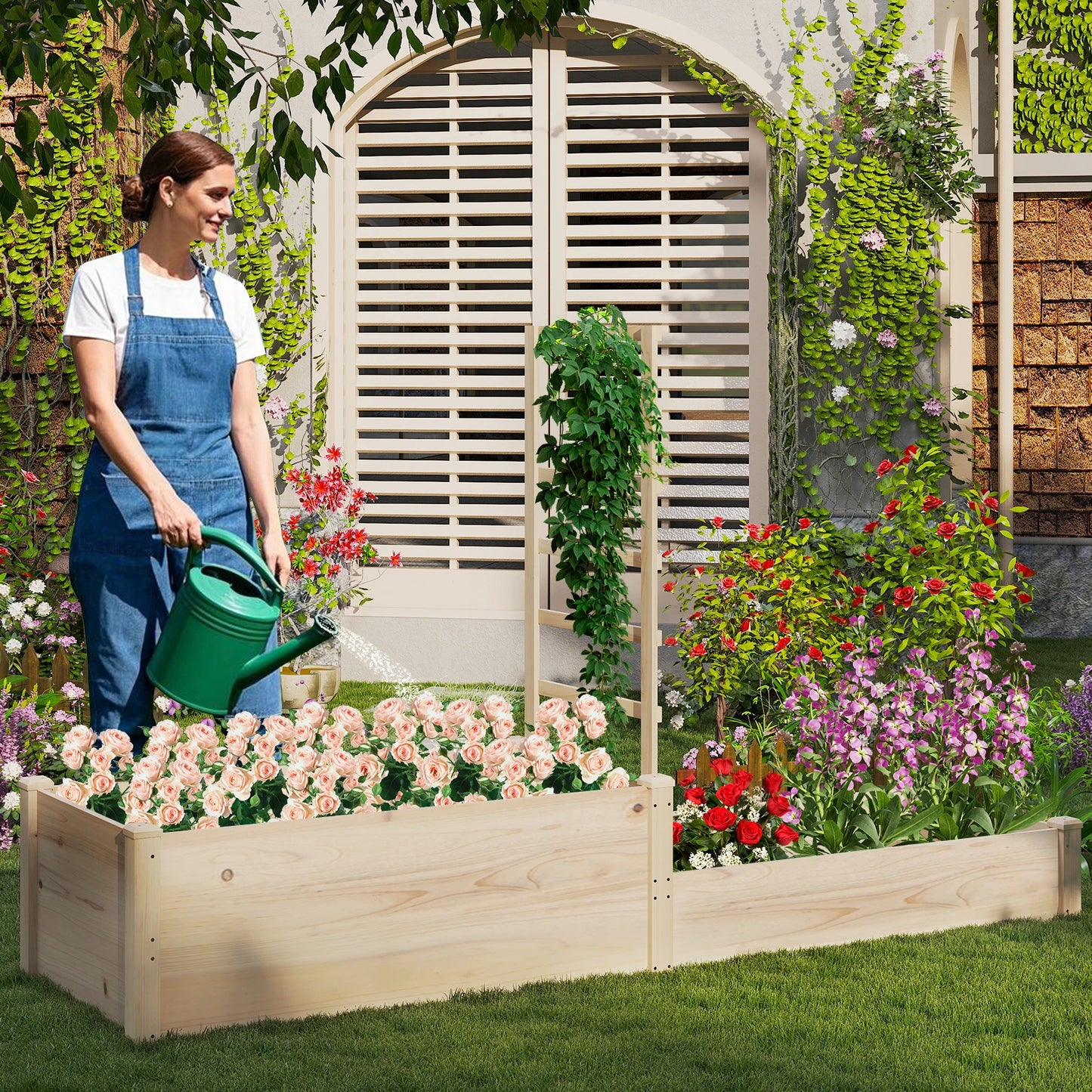 87" Raised Garden Bed w/ Trellis 2 Planter Boxes Open-ended Base for Patio